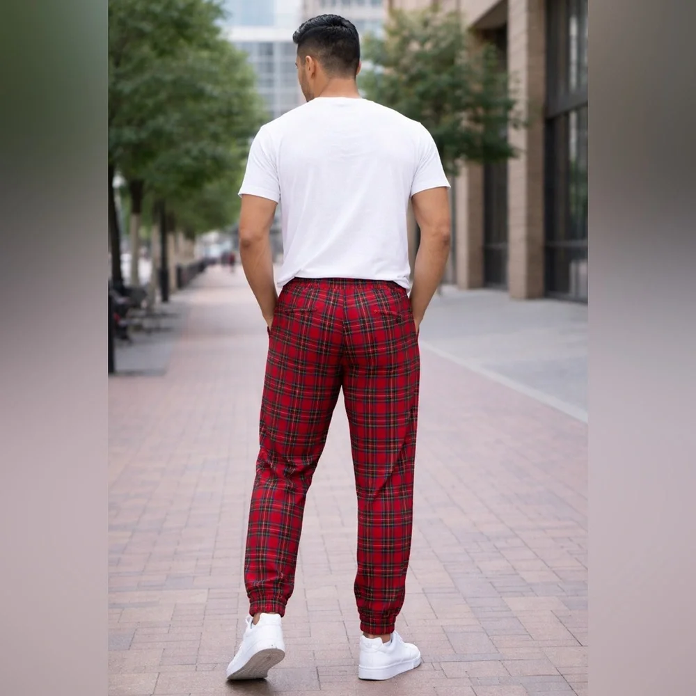 Social Republic Red Plaid Jogger Pants Side Stripe Drawstring